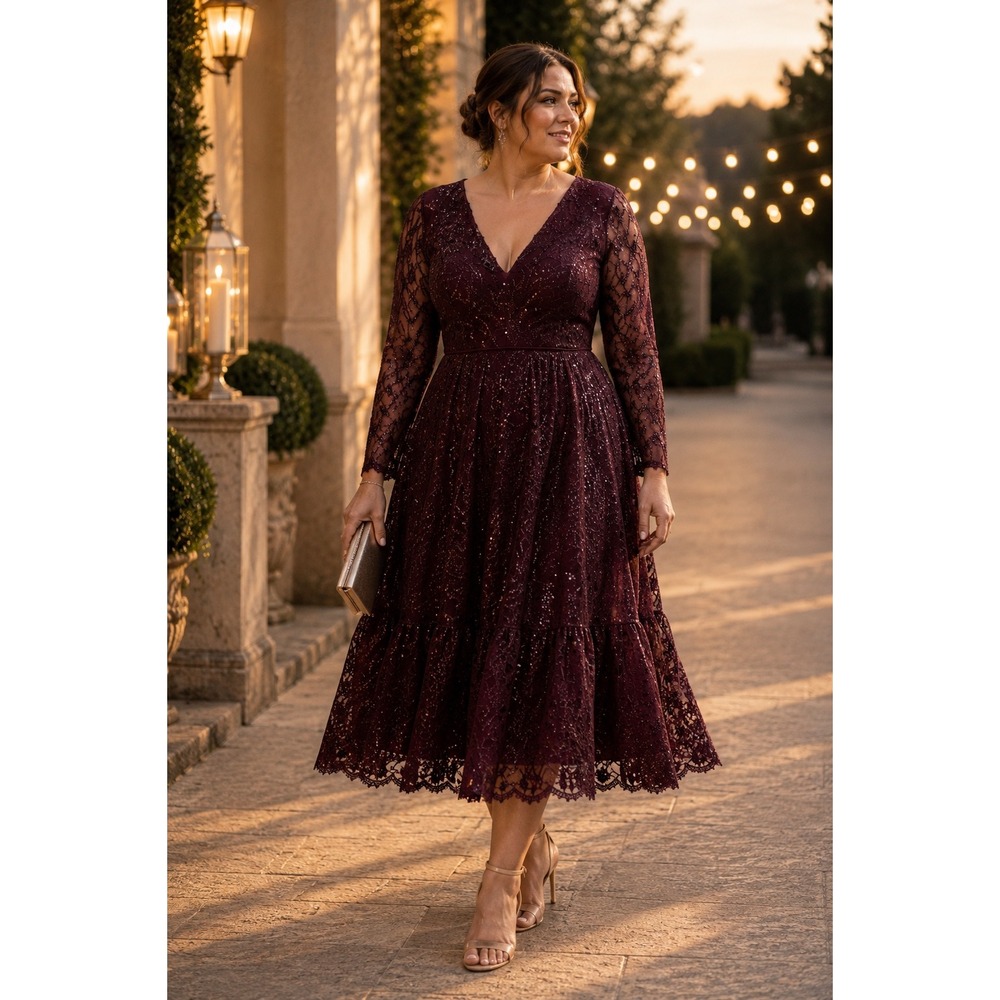 NEW MAC DUGGAL‎ Lace Gown Long Sleeve Ruffle Formal MIDI Dress 18 WINE 68001